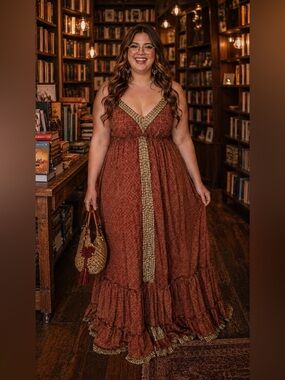 NWT Antique Romance Gold & Burgundy Empire Waist  Bohemian Maxi Dress